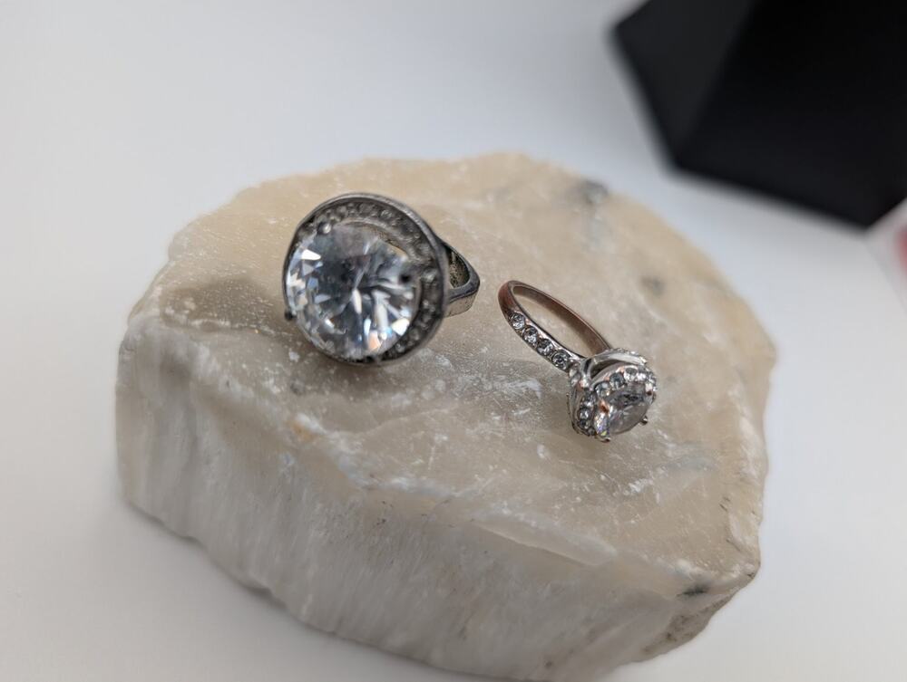 Set of 2 Fashion Rings Round Clear CZ Halo & Solitaire Silver Tone Rings Size 7